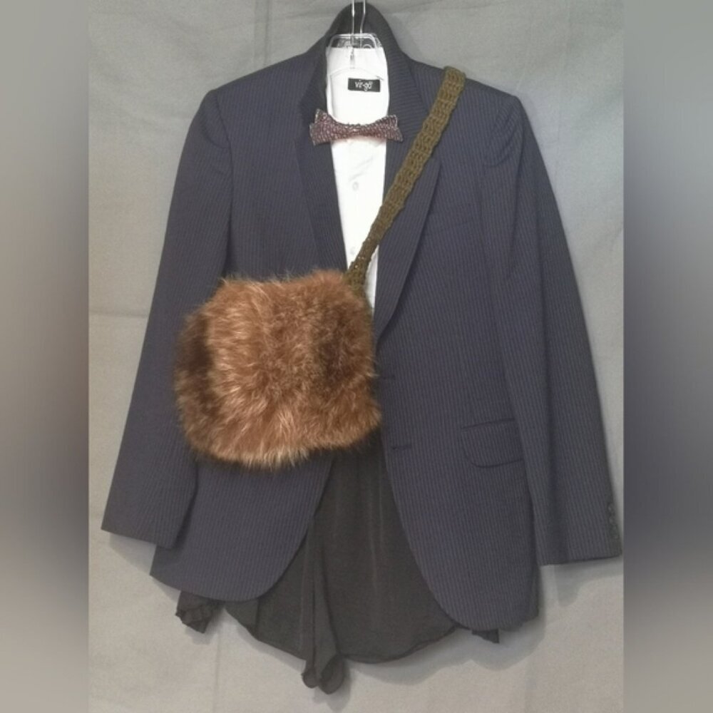 𝅺70s Vintage Long-Haired Fox Fur And Crochet Moss Green Mini Knit Shoulder Bag